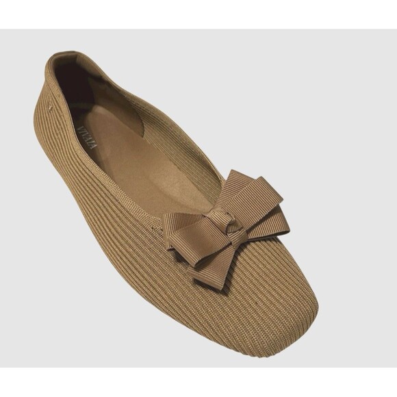 Vivaia Margot 2.0 Square Toe V Cut  Tan Bow Knit Ballet Flat Slip On  EU 40 US 9 - Picture 1 of 16